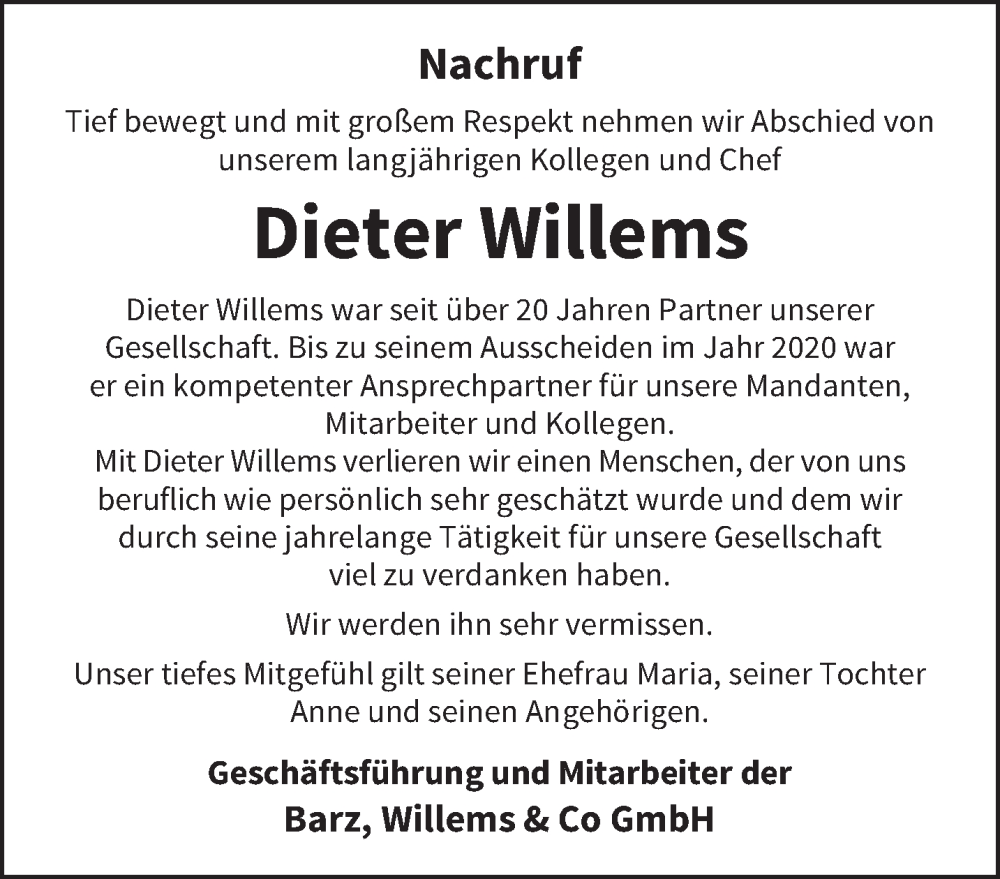  Traueranzeige für Dieter Willems vom 23.09.2022 aus trierischer_volksfreund