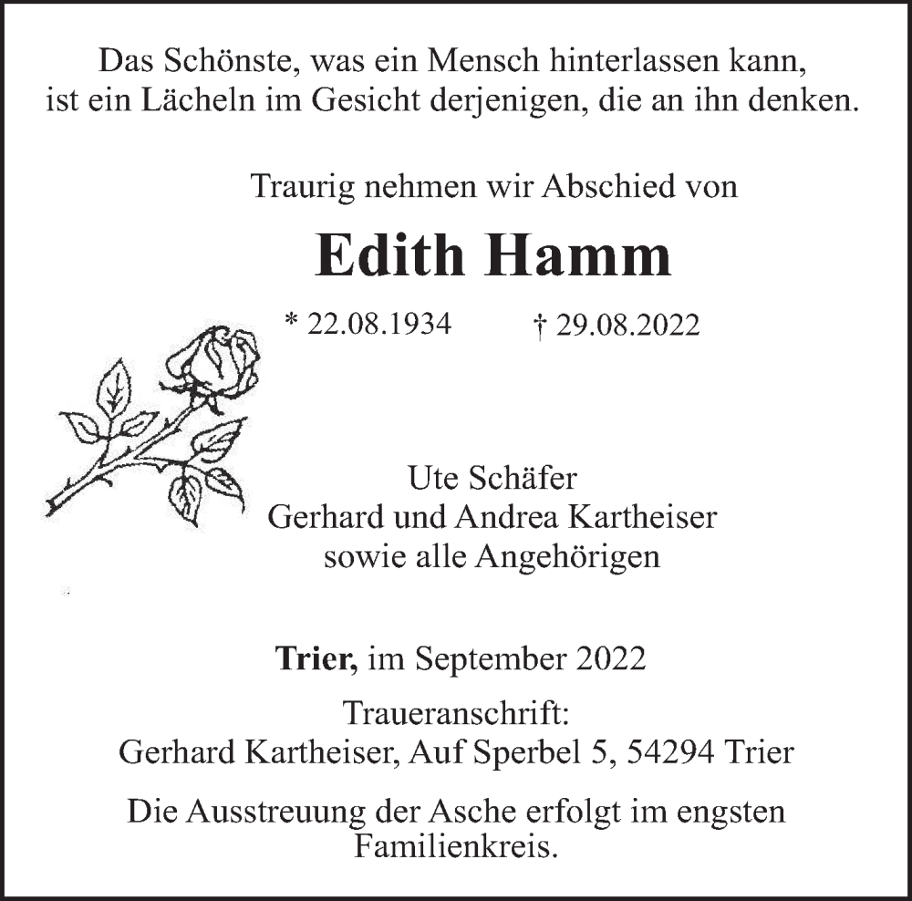  Traueranzeige für Edith Hamm vom 07.09.2022 aus trierischer_volksfreund