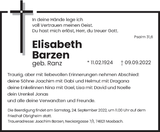 Traueranzeige von Elisabeth Barzen von trierischer_volksfreund