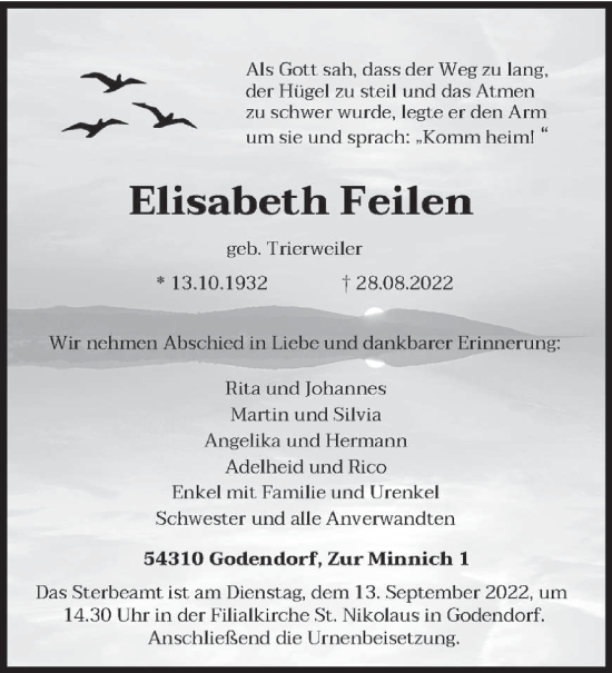 Traueranzeige von Elisabeth Feilen von trierischer_volksfreund