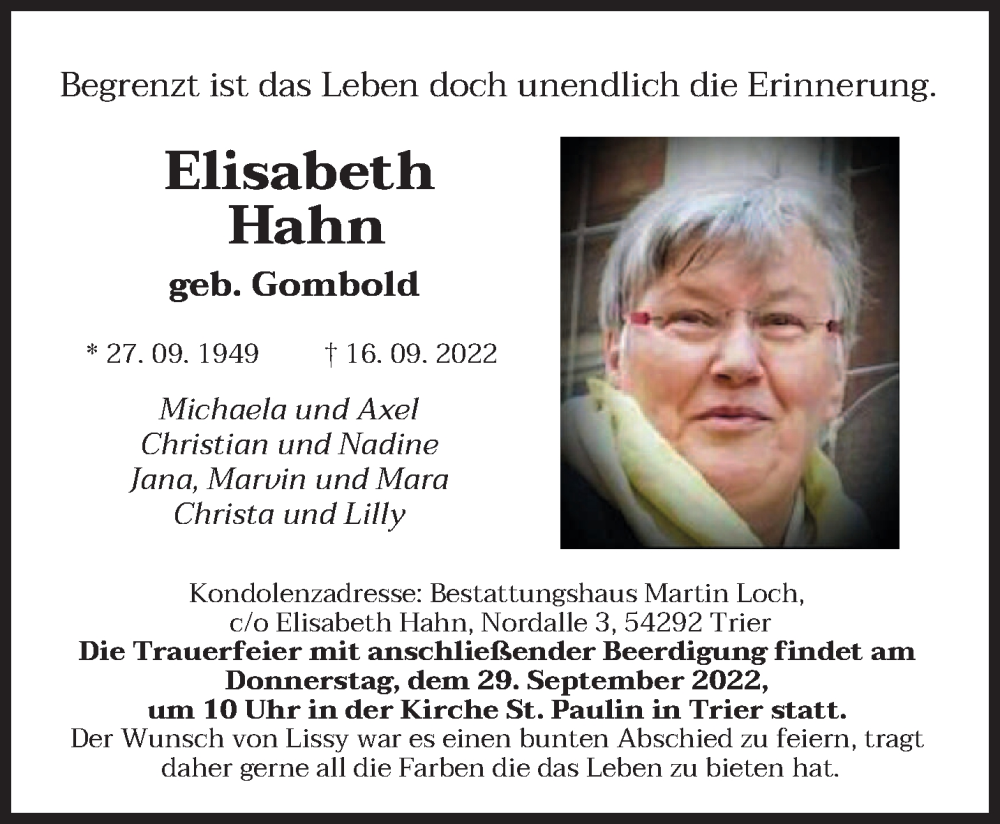  Traueranzeige für Elisabeth Hahn vom 24.09.2022 aus trierischer_volksfreund