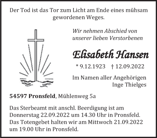 Traueranzeige von Elisabeth Hansen von trierischer_volksfreund