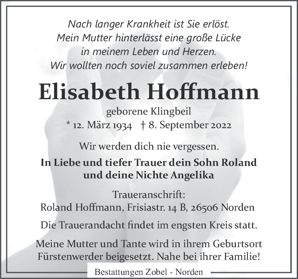  Traueranzeige für Elisabeth Hoffmann vom 14.09.2022 aus trierischer_volksfreund