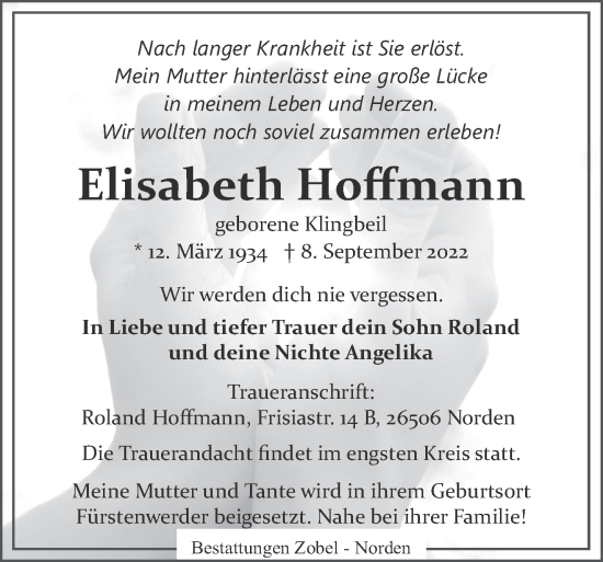 Traueranzeige von Elisabeth Hoffmann von trierischer_volksfreund