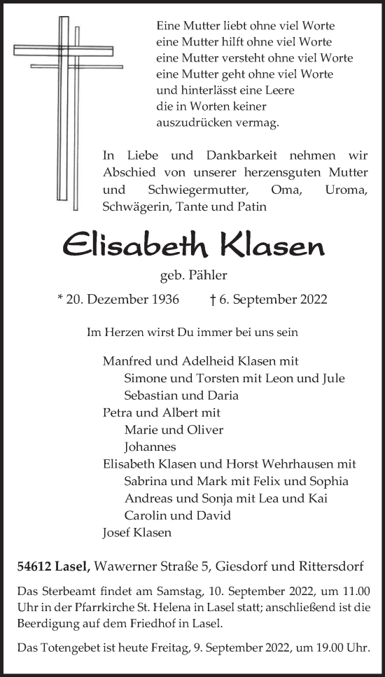 Traueranzeige von Elisabeth Klasen von trierischer_volksfreund