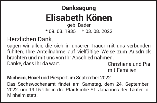 Traueranzeige von Elisabeth Könen von trierischer_volksfreund