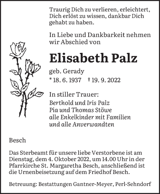 Traueranzeige von Elisabeth Palz von trierischer_volksfreund