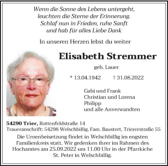 Traueranzeige von Elisabeth Stremmer von trierischer_volksfreund