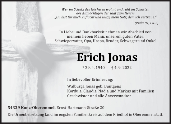 Traueranzeige von Erich Jonas von trierischer_volksfreund