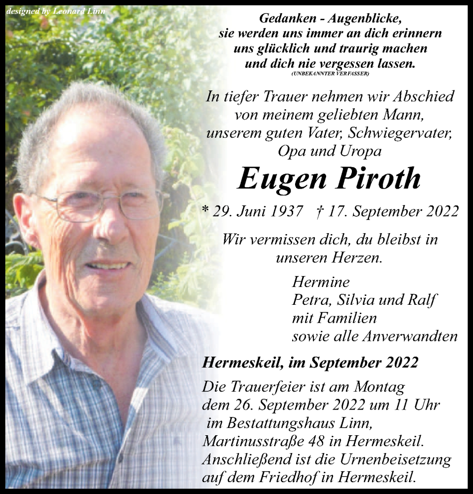  Traueranzeige für Eugen Piroth vom 24.09.2022 aus trierischer_volksfreund