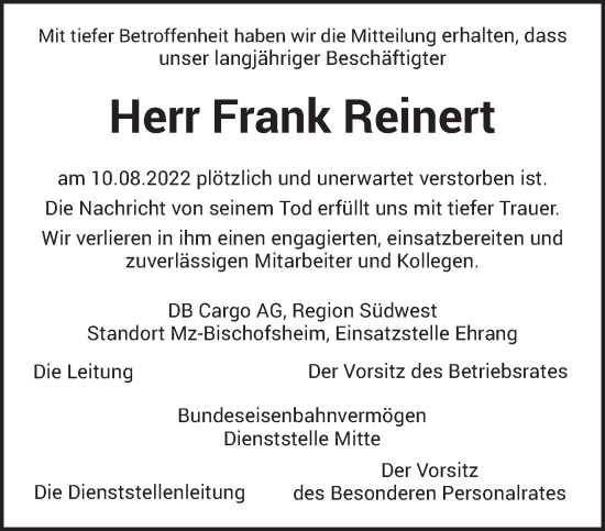 Traueranzeige von Frank Reinert von trierischer_volksfreund