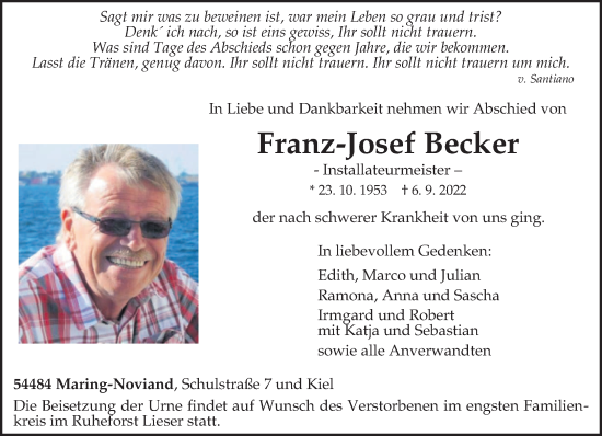 Traueranzeige von Franz-Josef Becker von trierischer_volksfreund
