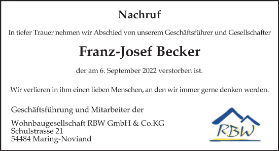 Traueranzeige von Franz-Josef Becker von trierischer_volksfreund