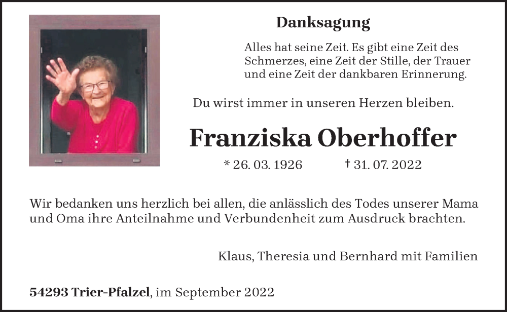  Traueranzeige für Franziska Oberhoffer vom 17.09.2022 aus trierischer_volksfreund