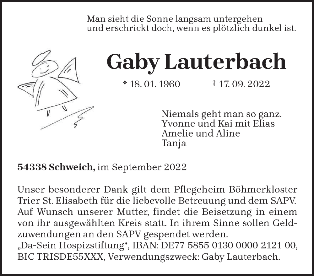  Traueranzeige für Gaby Lauterbach vom 21.09.2022 aus trierischer_volksfreund