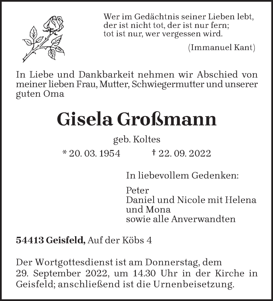  Traueranzeige für Gisela Großmann vom 26.09.2022 aus trierischer_volksfreund