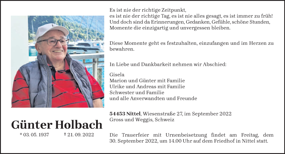  Traueranzeige für Günter Holbach vom 27.09.2022 aus trierischer_volksfreund