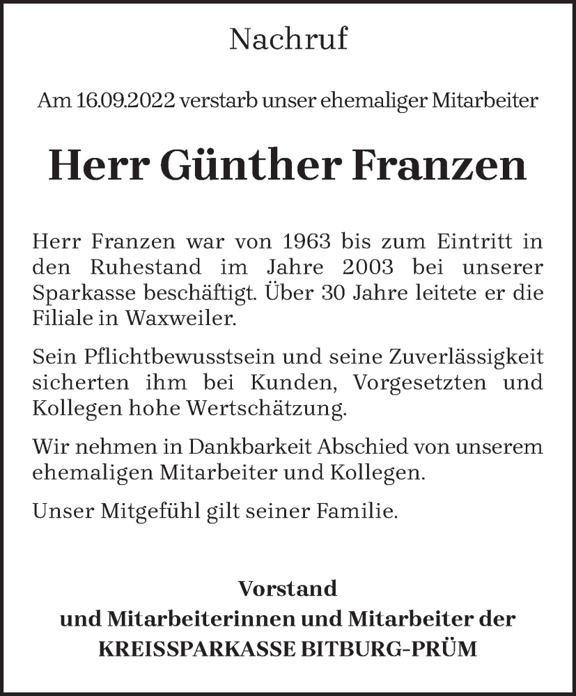  Traueranzeige für Günther Franzen vom 23.09.2022 aus trierischer_volksfreund