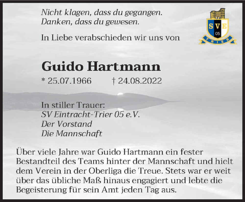  Traueranzeige für Guido Hartmann vom 31.08.2022 aus trierischer_volksfreund