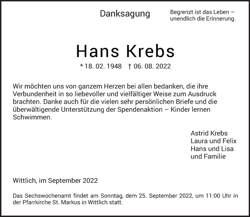  Traueranzeige für Hans Krebs vom 17.09.2022 aus trierischer_volksfreund