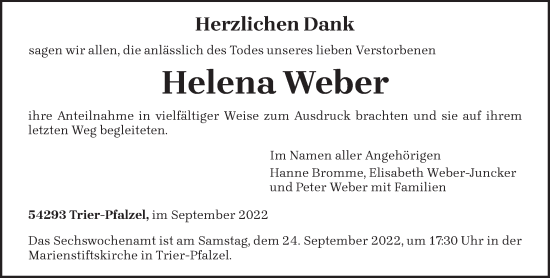 Traueranzeige von Helena Weber von trierischer_volksfreund