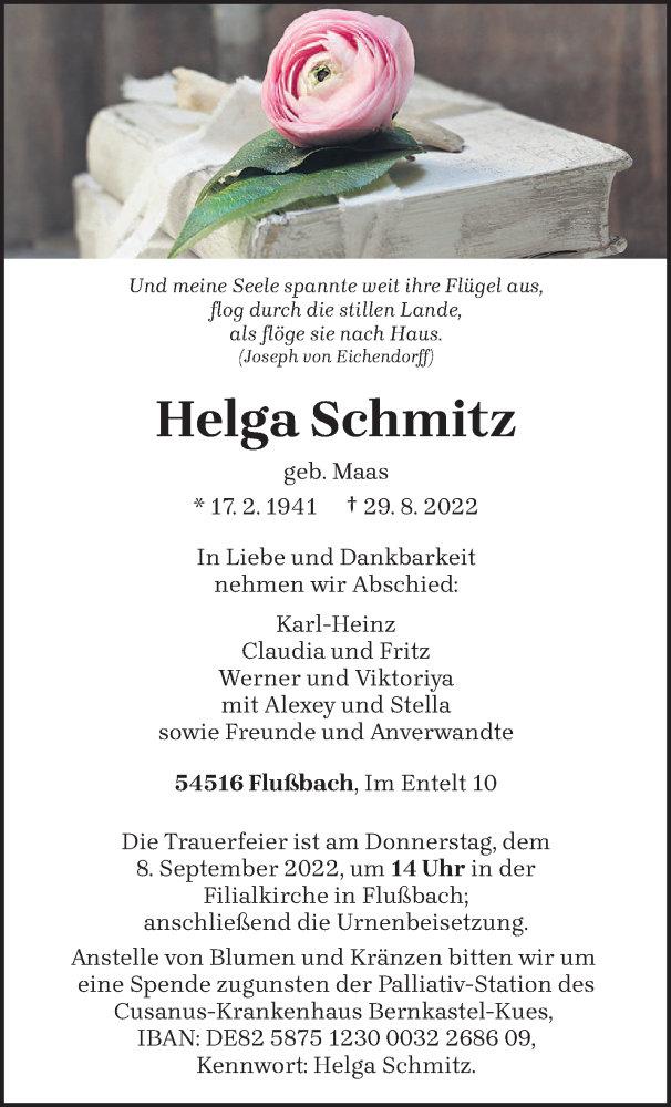  Traueranzeige für Helga Schmitz vom 03.09.2022 aus trierischer_volksfreund
