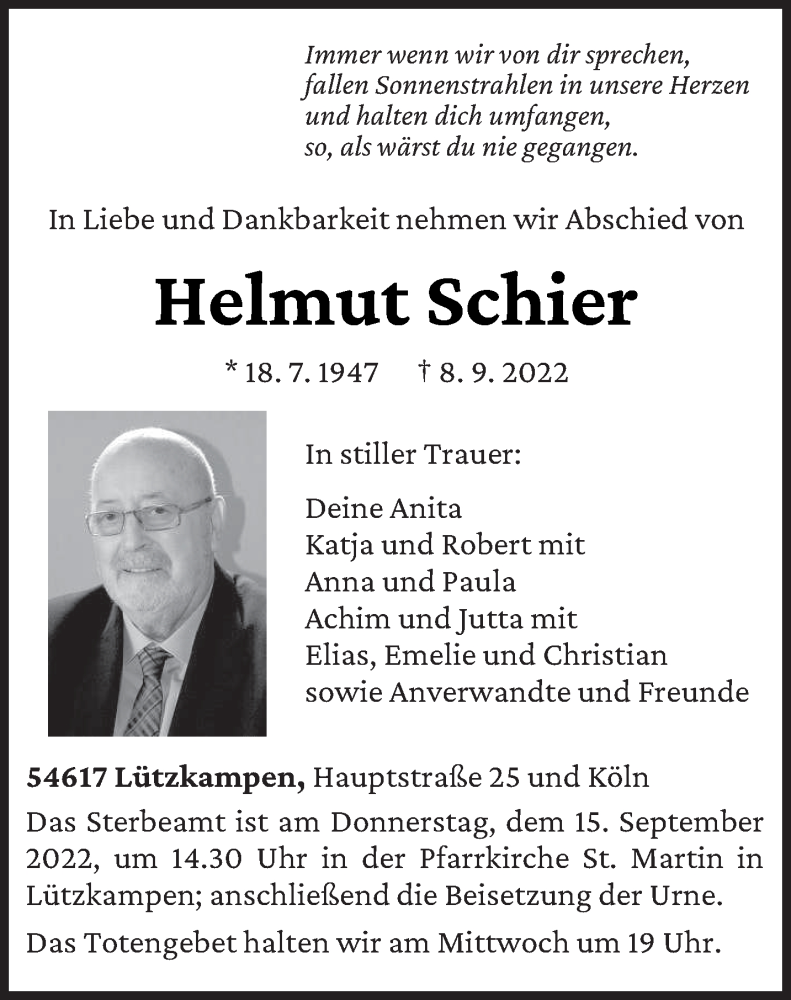  Traueranzeige für Helmut Schier vom 10.09.2022 aus trierischer_volksfreund