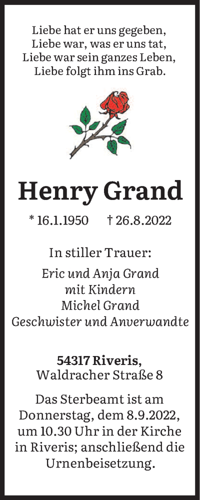  Traueranzeige für Henry Grand vom 03.09.2022 aus trierischer_volksfreund