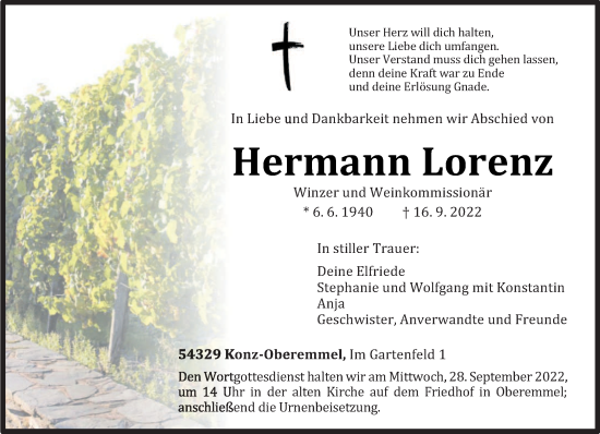 Traueranzeige von Hermann Lorenz von trierischer_volksfreund