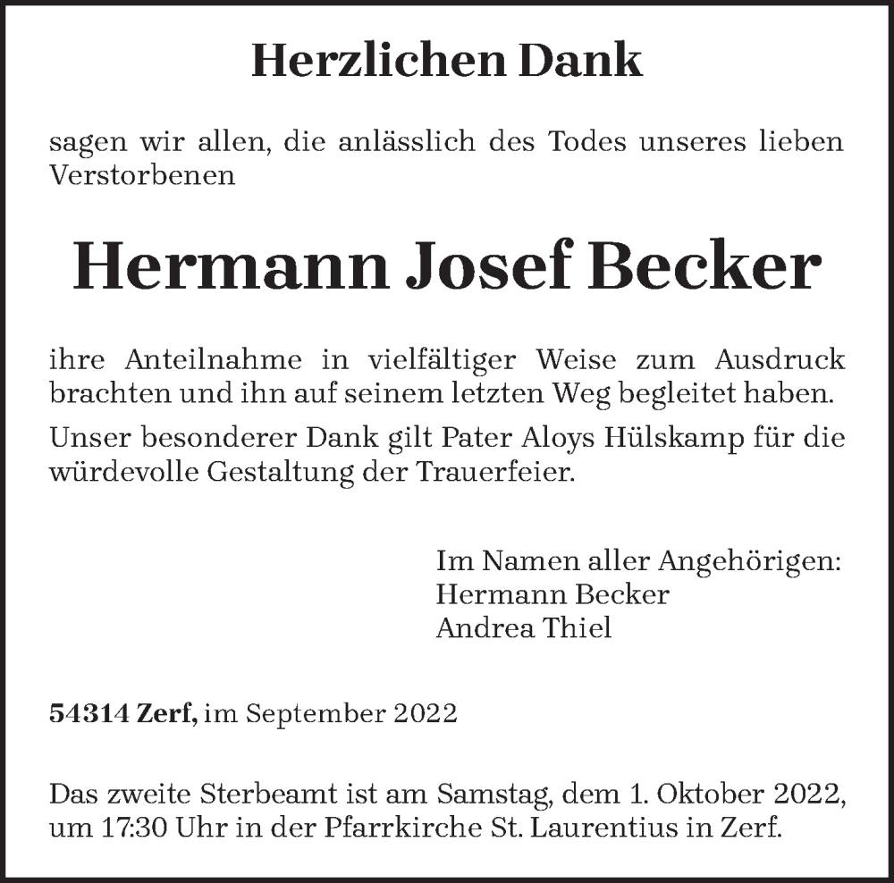  Traueranzeige für Hermann Josef Becker vom 17.09.2022 aus trierischer_volksfreund
