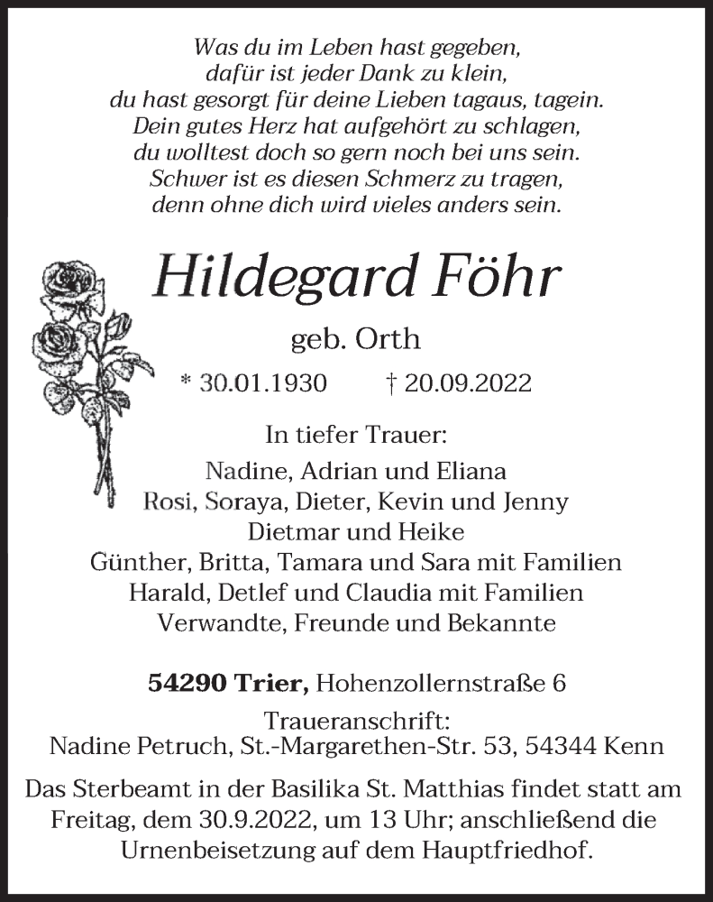  Traueranzeige für Hildegard Föhr vom 26.09.2022 aus trierischer_volksfreund