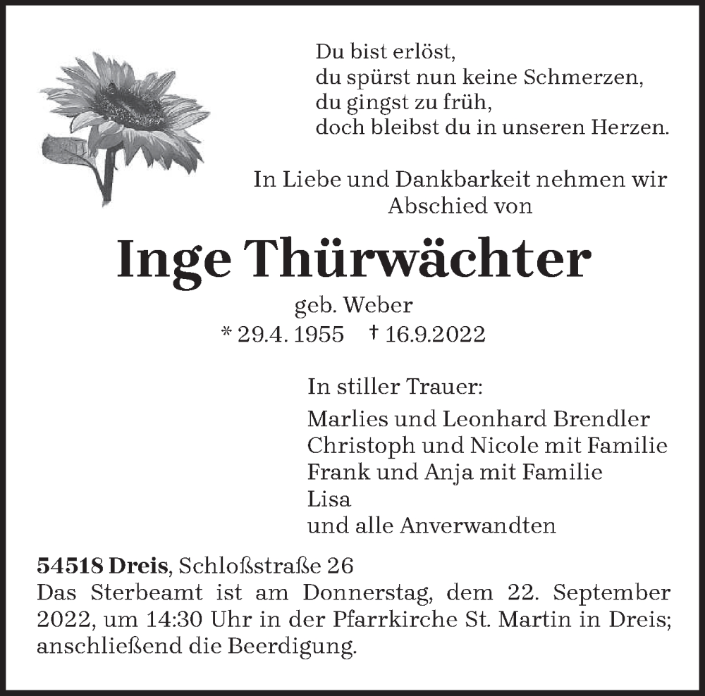  Traueranzeige für Inge Thürwächter vom 19.09.2022 aus trierischer_volksfreund