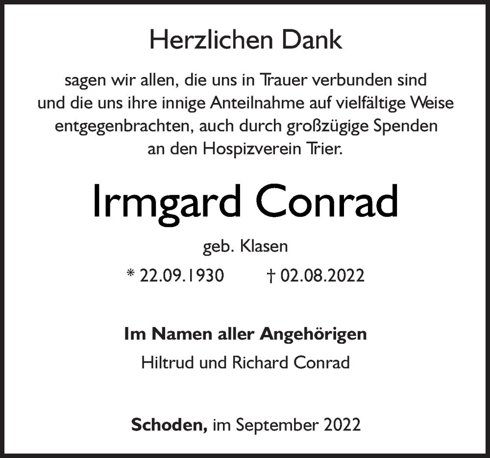  Traueranzeige für Irmgard Conrad vom 22.09.2022 aus trierischer_volksfreund