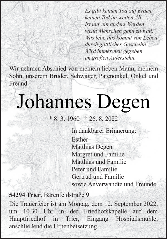Traueranzeige von Johannes Degen von trierischer_volksfreund