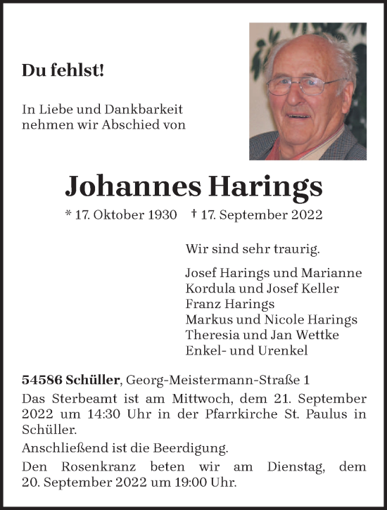 Traueranzeige von Johannes Harings von trierischer_volksfreund