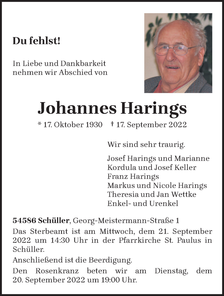  Traueranzeige für Johannes Harings vom 19.09.2022 aus trierischer_volksfreund