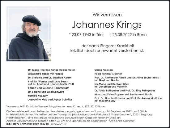 Traueranzeige von Johannes Krings von trierischer_volksfreund