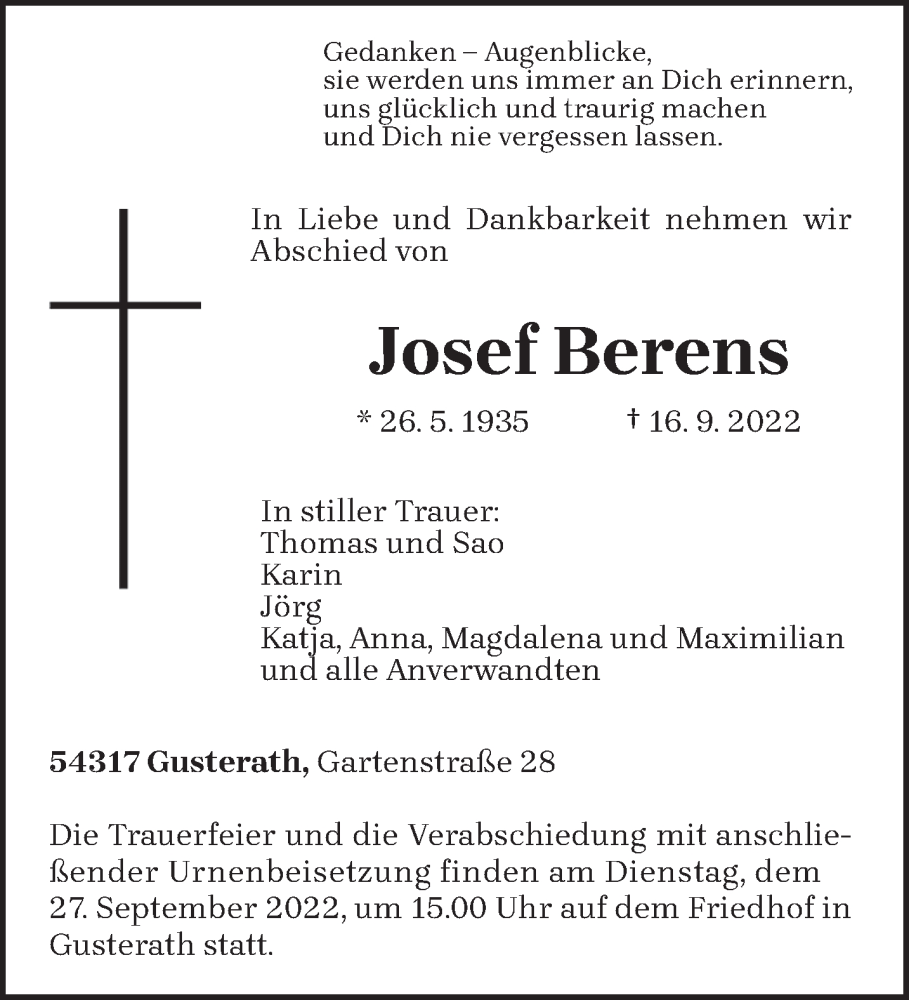  Traueranzeige für Josef Berens vom 22.09.2022 aus trierischer_volksfreund