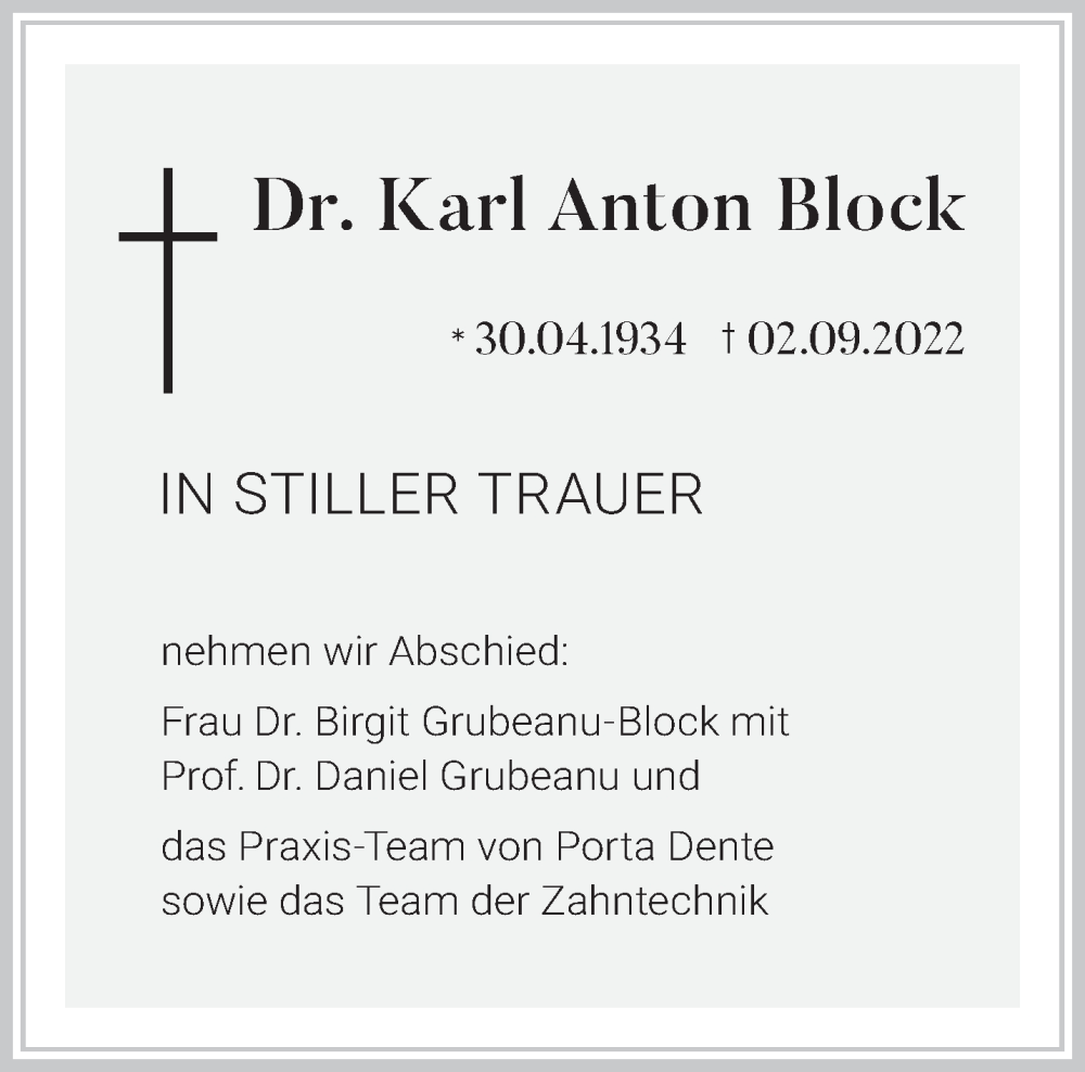  Traueranzeige für Karl Anton Block vom 10.09.2022 aus trierischer_volksfreund