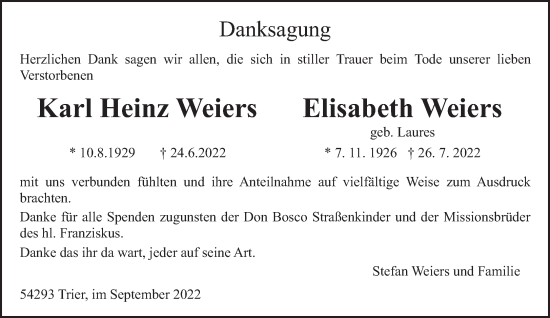 Traueranzeige von Karl Heinz und Elisabeth Weiers von trierischer_volksfreund