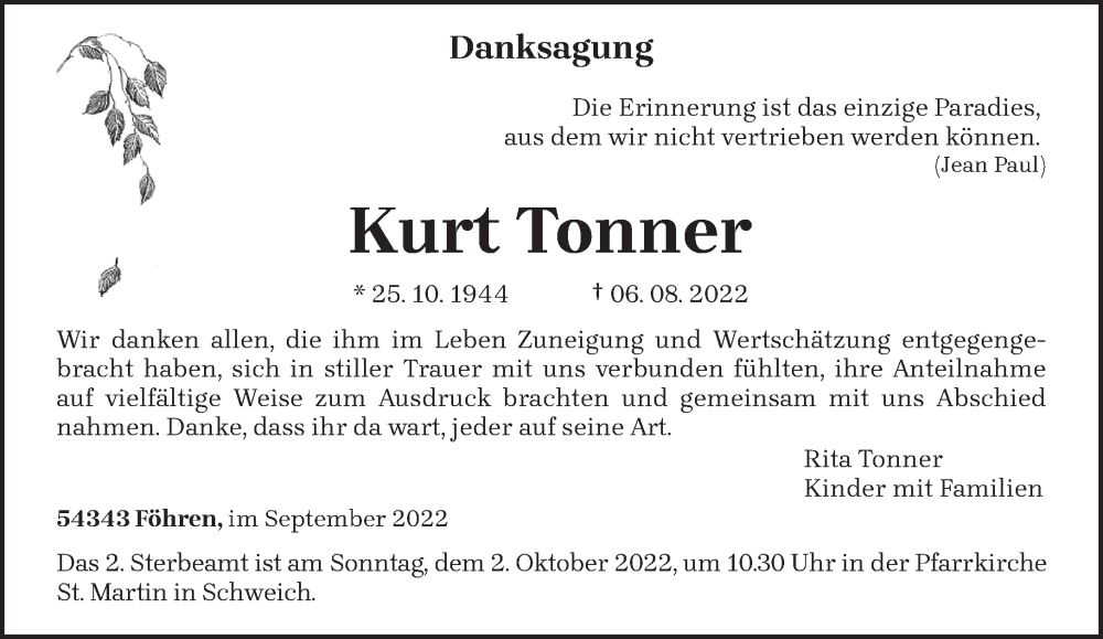  Traueranzeige für Kurt Tonner vom 24.09.2022 aus trierischer_volksfreund