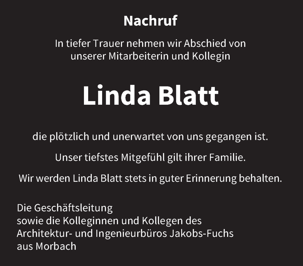  Traueranzeige für Linda Blatt vom 01.09.2022 aus trierischer_volksfreund