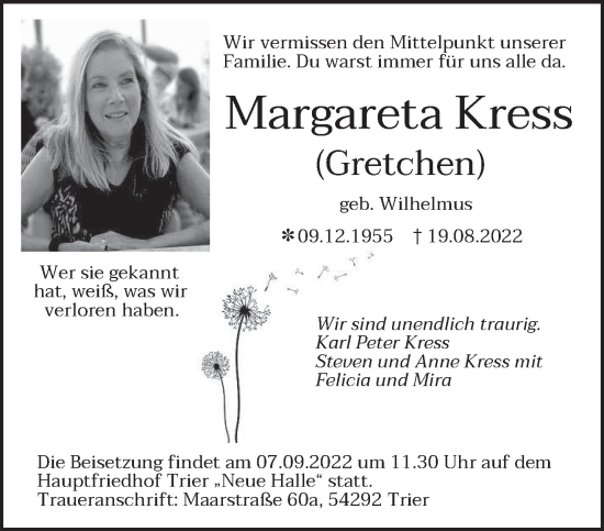Traueranzeige von Margareta Kress von trierischer_volksfreund