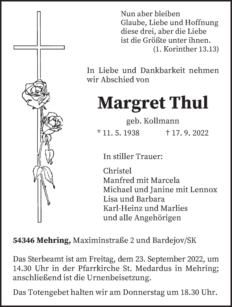  Traueranzeige für Margret Thul vom 21.09.2022 aus trierischer_volksfreund