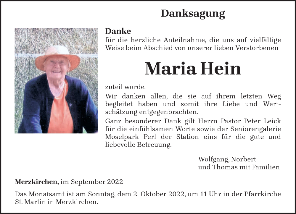  Traueranzeige für Maria Hein vom 23.09.2022 aus trierischer_volksfreund