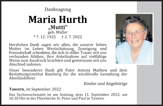 Traueranzeige von Maria Hurth von trierischer_volksfreund