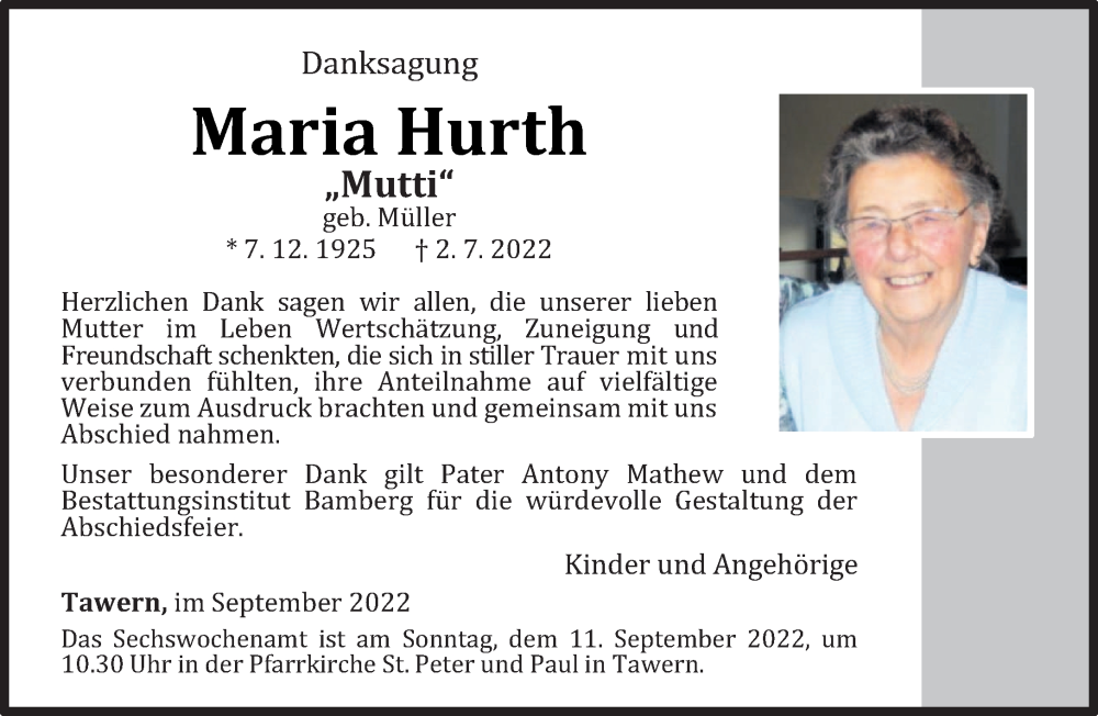  Traueranzeige für Maria Hurth vom 08.09.2022 aus trierischer_volksfreund