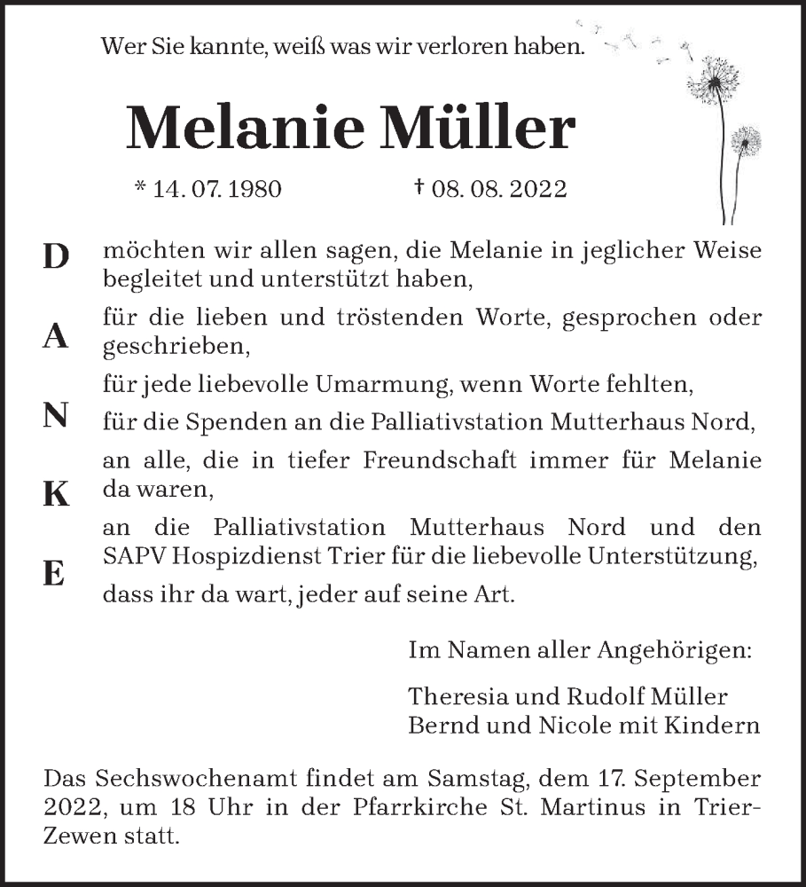  Traueranzeige für Melanie Müller vom 10.09.2022 aus trierischer_volksfreund