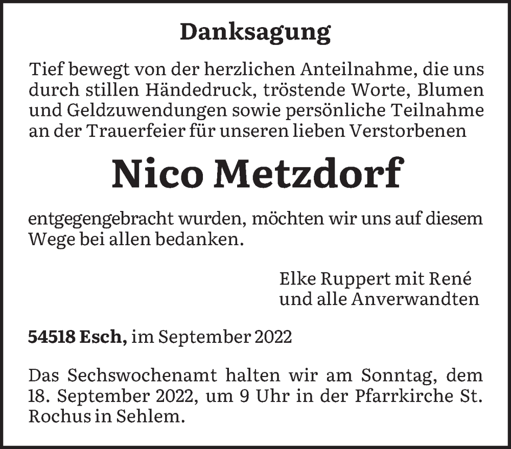  Traueranzeige für Nico Metzdorf vom 14.09.2022 aus trierischer_volksfreund