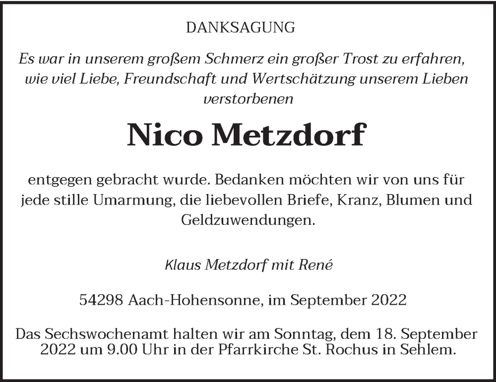  Traueranzeige für Nico Metzdorf vom 14.09.2022 aus trierischer_volksfreund